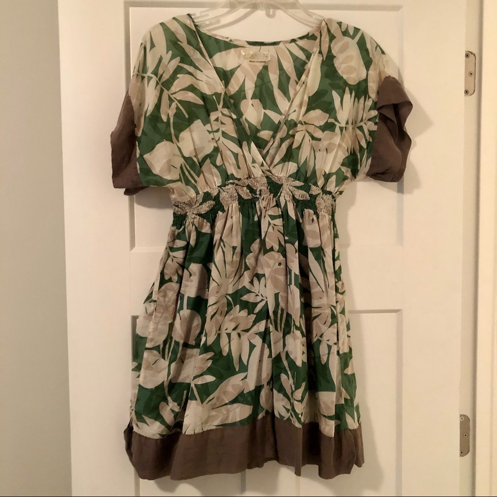 Sugarlips Tropical Print V-Neck Tunic Dress Brown Green Size L